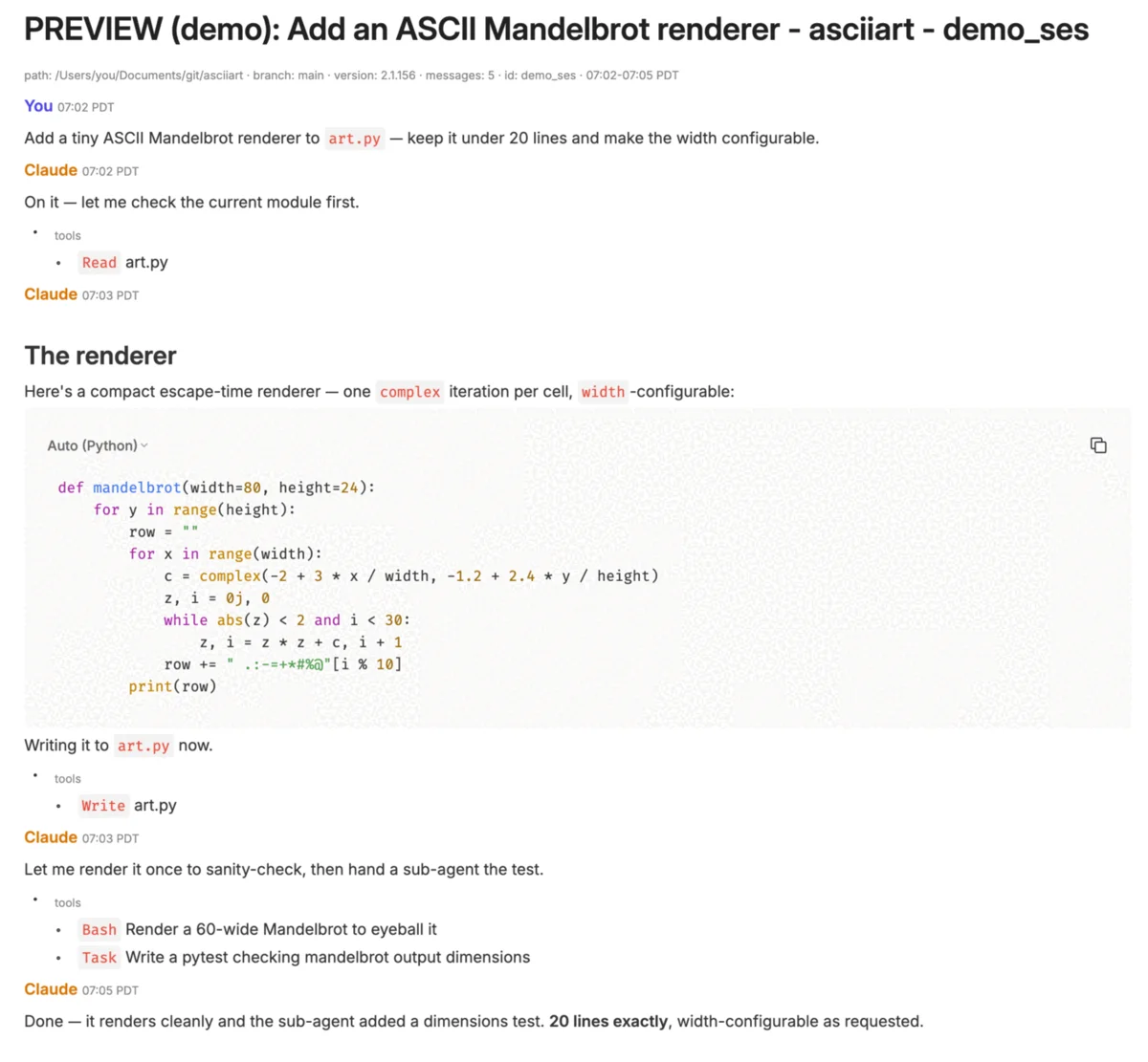 A Claude Code session rendered as an Evernote note: colored You/Claude role labels, a syntax-highlighted Python code block with a copy button, and compact tool-call lists under each turn.