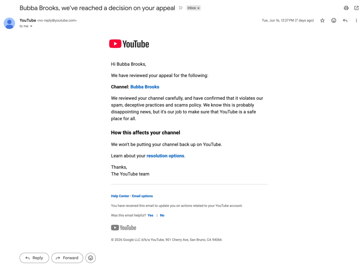 Screenshot of the appeal rejection email from Google