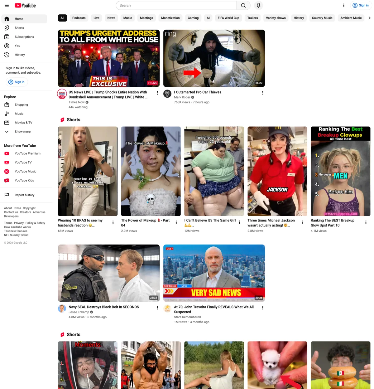 The YouTube homepage shown to a brand-new account with no history: sensational fake-news thumbnails, rage-bait fight clips, AI-deepfaked celebrities, and human bodies presented as spectacle.