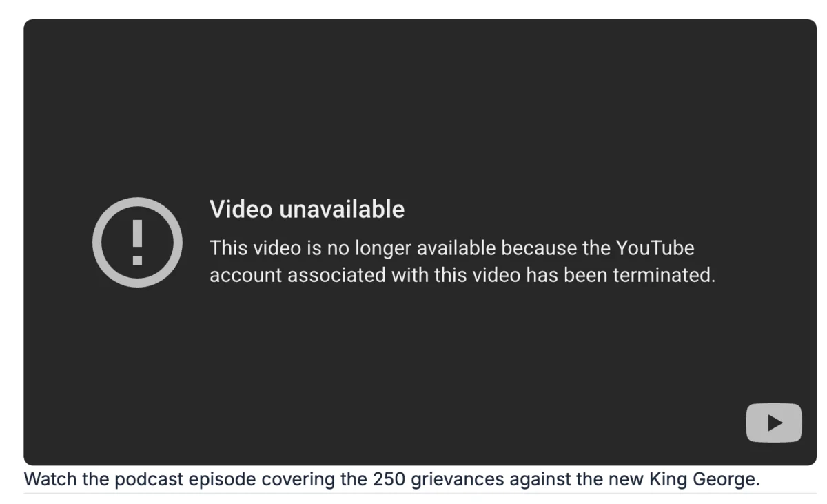 Screenshot of a blog post on bubbabrooks.info where an embedded YouTube video now shows an unavailable-video error