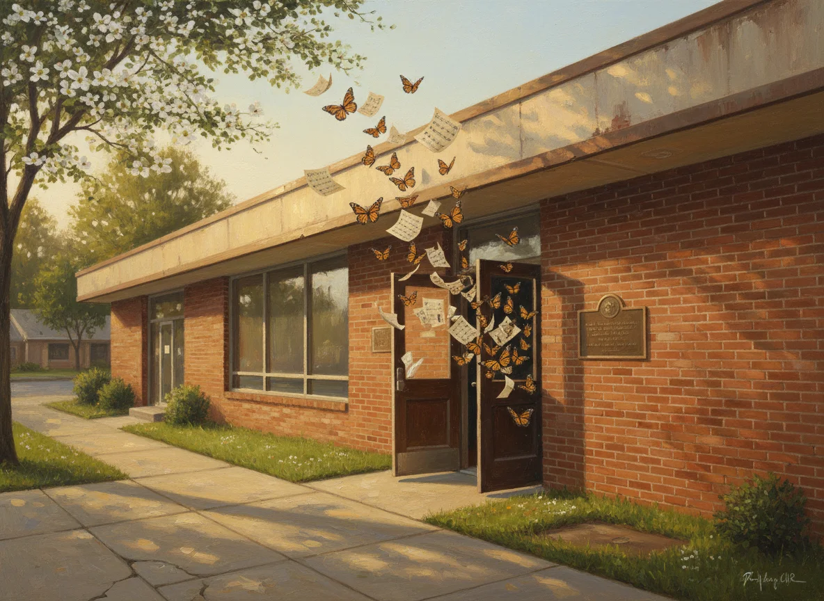 Oil-painting-style scene of a modest brick office complex at golden hour, a swarm of monarch butterflies and handwritten sheet-music pages streaming out of its open doors into an amber sky, a small bronze plaque beside the door