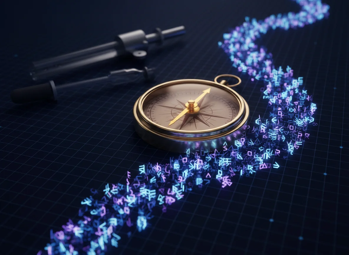 A vintage brass compass on a dark navy grid beside a winding ribbon of glowing blue and violet sequence glyphs, its gold needle pointing along the strand, while two slender laboratory pipettes lie unused in the shadows at upper left.