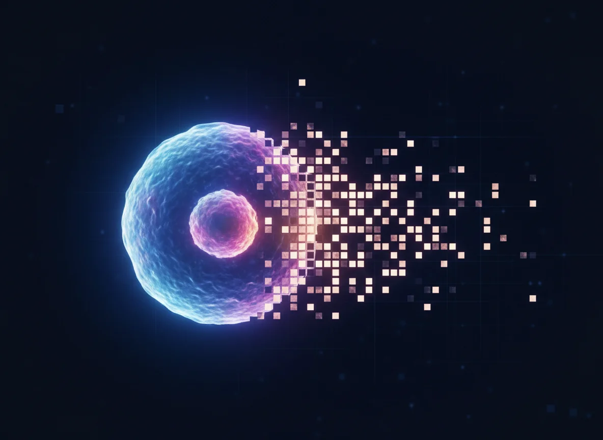 A single glowing biological cell dissolving on the right into a neat grid of discrete code tokens, evoking the idea of compressing a cell into one entry from a shared codebook.