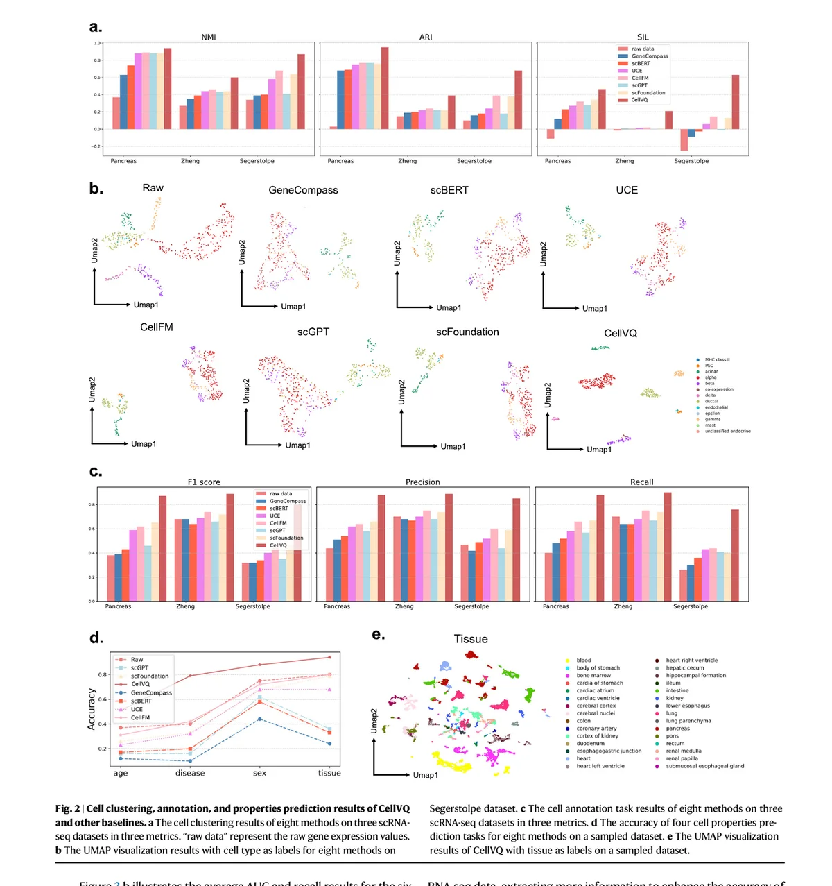 Multi-panel figure showing CellVQ producing tighter clusters and higher annotation scores than baseline models across several datasets, plus a panel where its embeddings beat raw gene expression on property prediction.