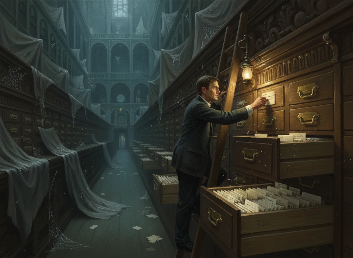 A vast Victorian records hall of card-catalogue drawers receding into cold blue darkness. One man on a plain wooden ladder leaning against the cabinet files a single card into the one drawer under the lamp. Open drawers packed with tabbed cards continue unlit down the aisle beside him, while every other wing of the same catalogue is draped in grey dust sheets and hung with cobwebs.