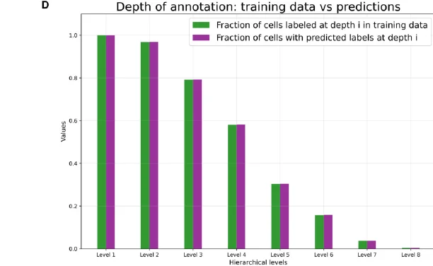 Bar chart of annotation depth showing the fraction of cells receiving a label at each of eight hierarchical levels, with predicted depth closely tracking training-data depth and both falling off steeply below level four.