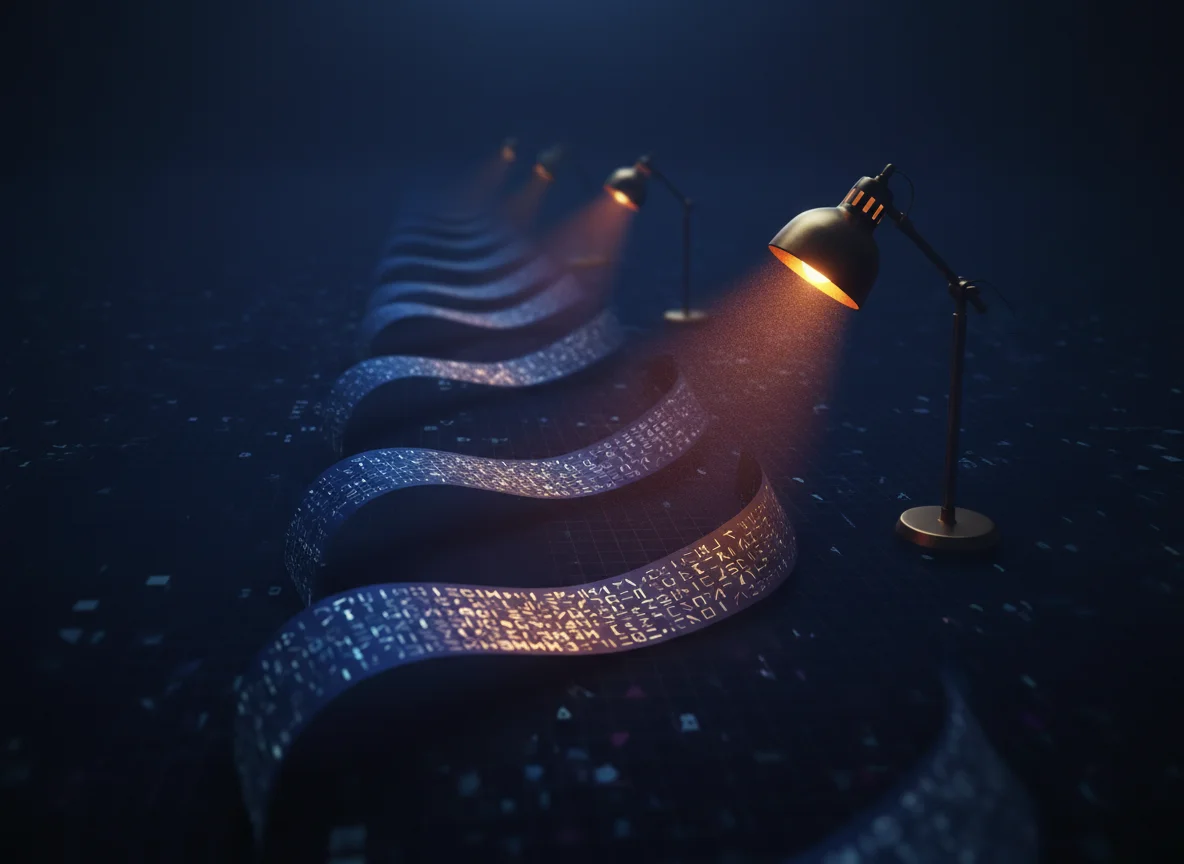 A long ribbon of glowing sequence marks winding across a dark navy grid, with a row of dark metal desk lamps casting warm amber light onto a few short stretches of it while the far end fades into shadow.