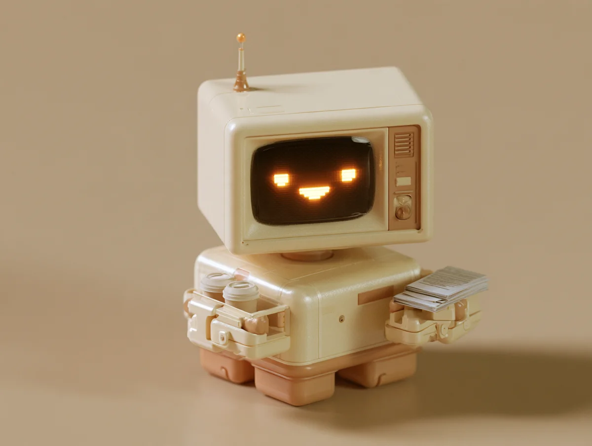 A cute retro-futuristic desktop robot in cream and beige plastic, its boxy CRT-television head showing glowing amber pixel eyes and a smile under a small antenna, holding a coffee carrier in one clamp hand and a short stack of papers in the other, against a plain warm beige background.