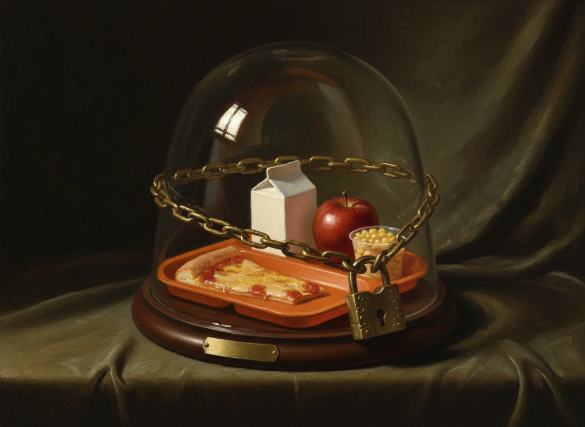 An old-master still life of an orange cafeteria tray holding pizza, a milk carton, an apple and a cup of corn, sealed under a glass dome and chained shut with a brass padlock
