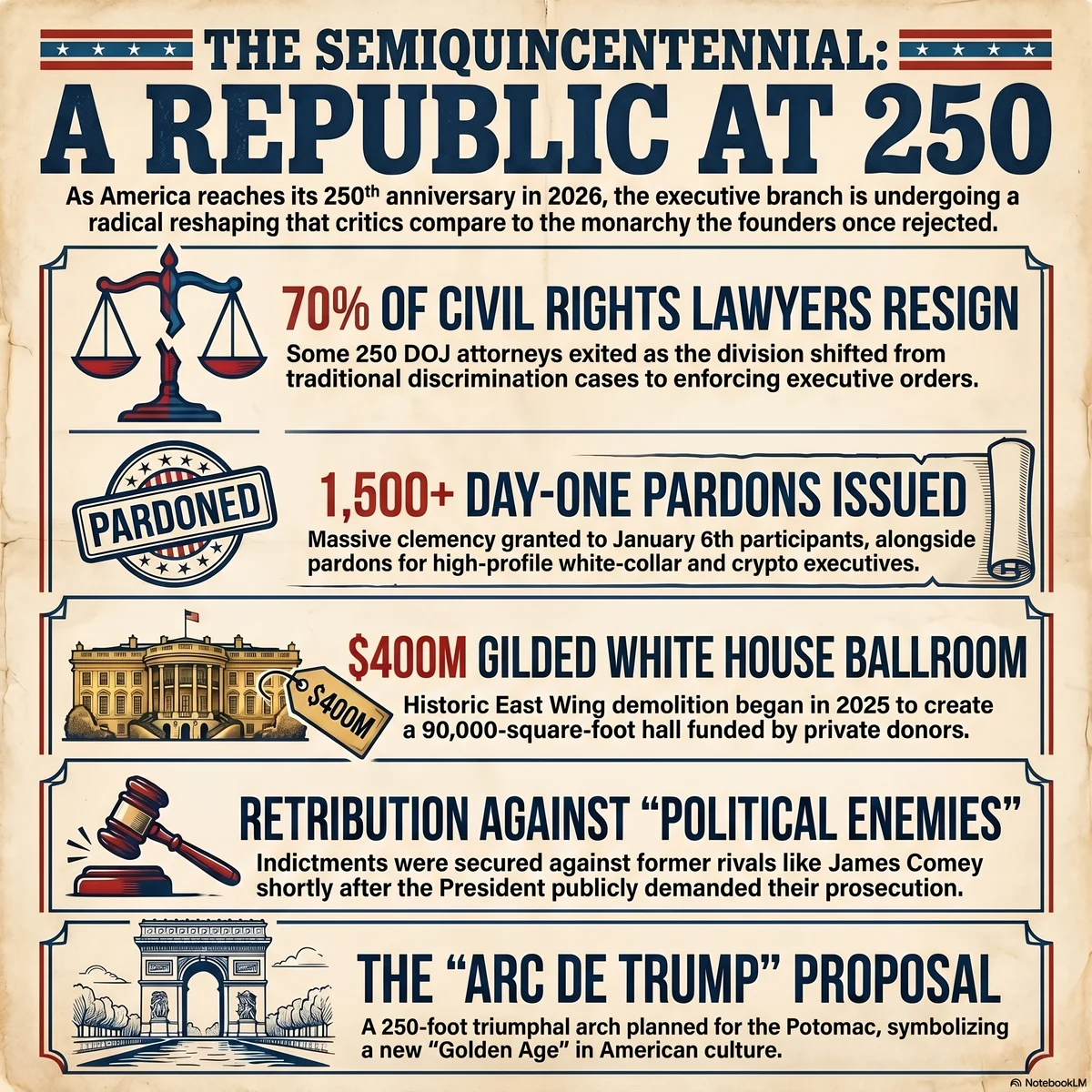 Vintage parchment-style infographic headed 'The Semiquincentennial: A Republic at 250,' summarizing five changes to the executive branch: about 70% of DOJ civil-rights lawyers resigning, more than 1,500 day-one pardons, a $400 million gilded White House ballroom, retribution against political rivals such as James Comey, and a proposed 250-foot 'Arc de Trump.'