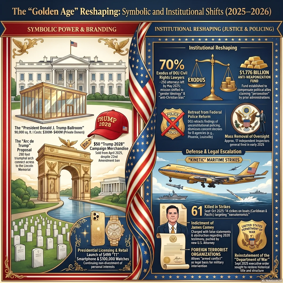 Navy-and-gold infographic titled 'The Golden Age Reshaping: Symbolic and Institutional Shifts, 2025–2026,' split into two columns. The 'Symbolic Power and Branding' side lists a $300–400 million Trump Ballroom, a 250-foot 'Arc de Trump,' $50 'Trump 2028' merchandise, and a $499 phone and $100,000 watches. The 'Institutional Reshaping' side lists a 70% exodus of DOJ civil-rights lawyers, a $1.776 billion anti-weaponization fund, a retreat from federal police reform, the firing of inspectors general, 61 people killed in maritime strikes, the indictment of James Comey, and the reinstatement of the 'Department of War.'