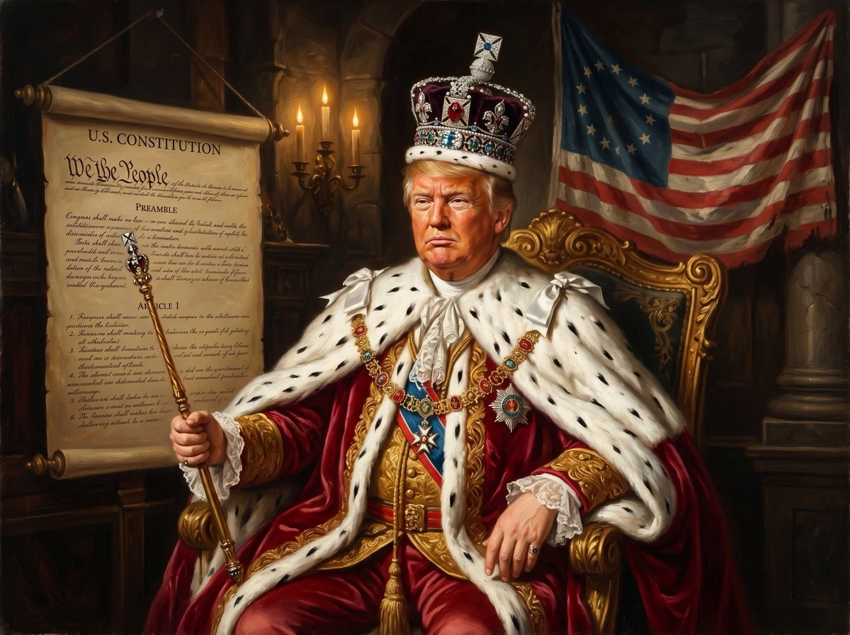 A royal portrait of a figure in ermine robes and jeweled crown, seated before the U.S. Constitution and the American flag