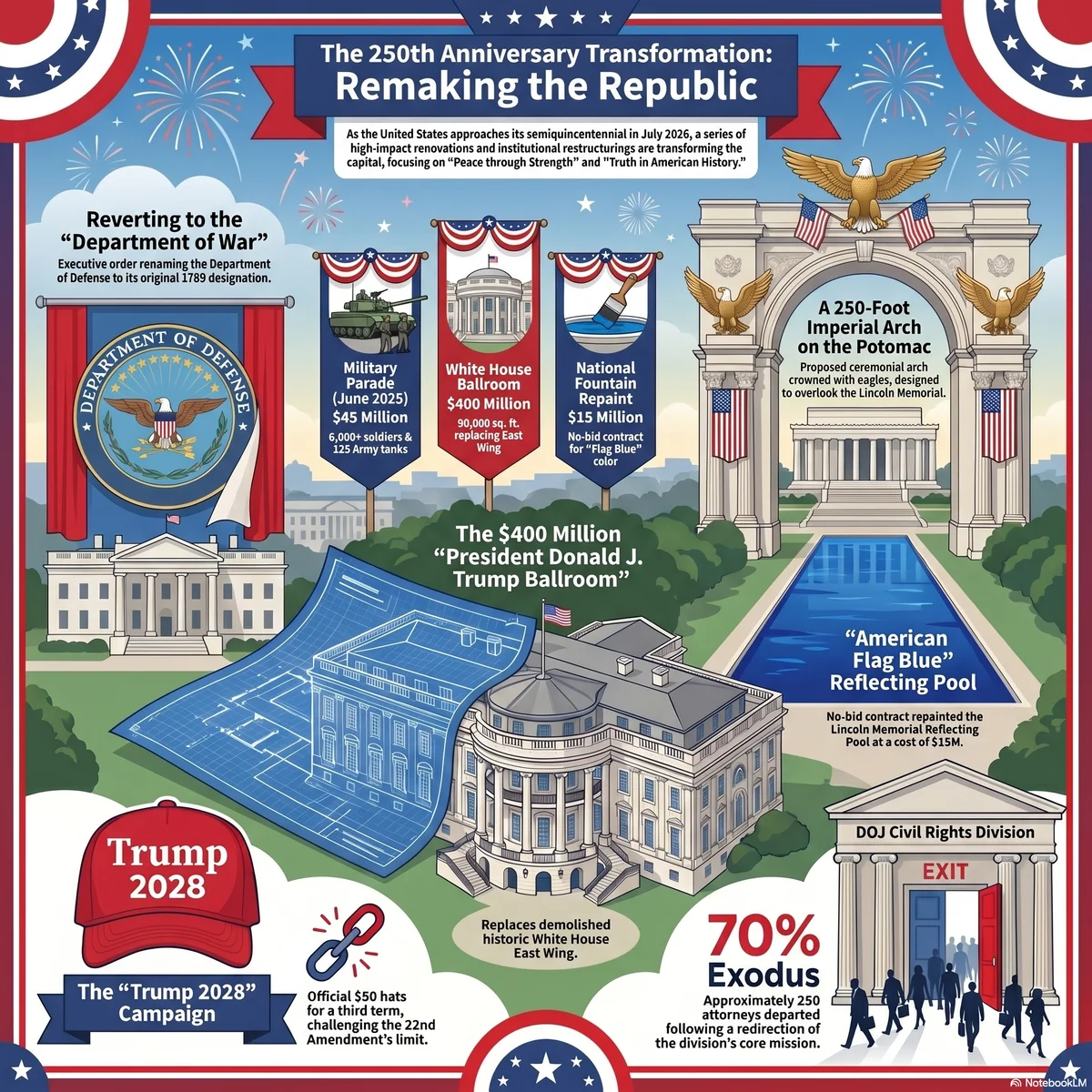 Bright red-white-and-blue infographic titled 'The 250th Anniversary Transformation: Remaking the Republic,' showing renamed 'Department of War' signage, a $45 million June 2025 military parade with 6,200 soldiers and 125 tanks, a $400 million White House ballroom replacing the demolished East Wing, a $15 million no-bid 'flag blue' repaint of the Lincoln Memorial Reflecting Pool, a proposed 250-foot imperial arch on the Potomac, a '$50 Trump 2028' hat challenging the 22nd Amendment, and a 70% exodus of DOJ civil-rights attorneys.