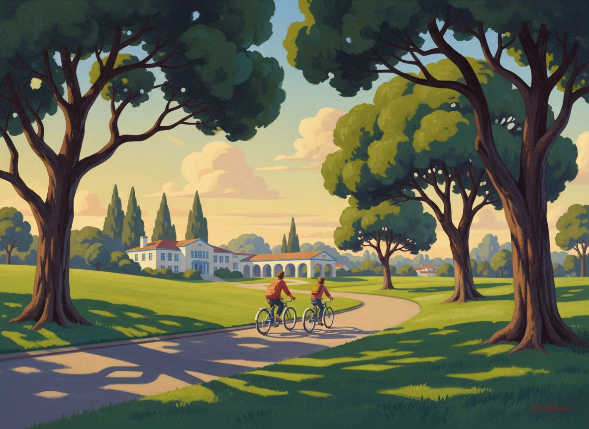 A kid on a bike riding through a sunny California park toward a white and blue school building